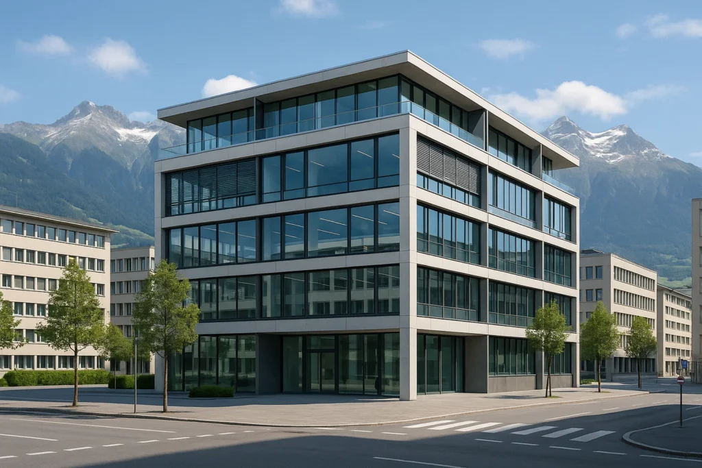 Bureau moderne en Suisse avec architecture contemporaine et montagnes au fond